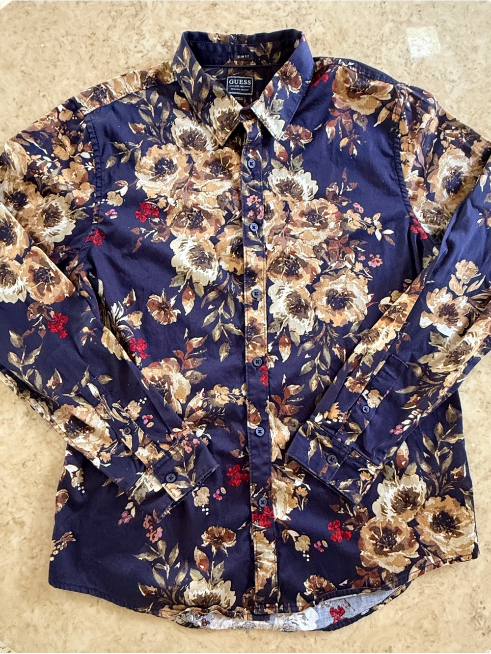 Guess Men’s Slim Fit Navy Blue Floral Long Sleeve Button Down Shirt L